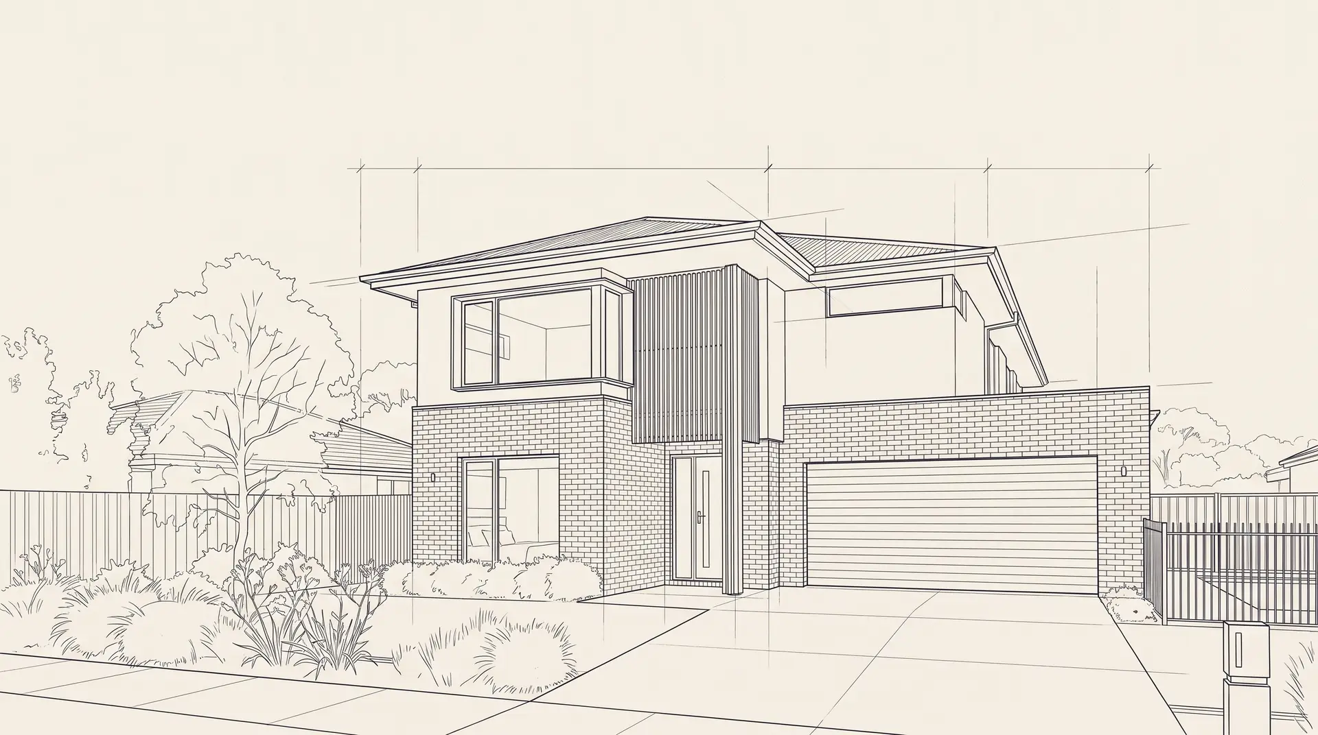 Illustration: the two-storey home drawn as fine architectural linework, garage, entry and garden outlined
