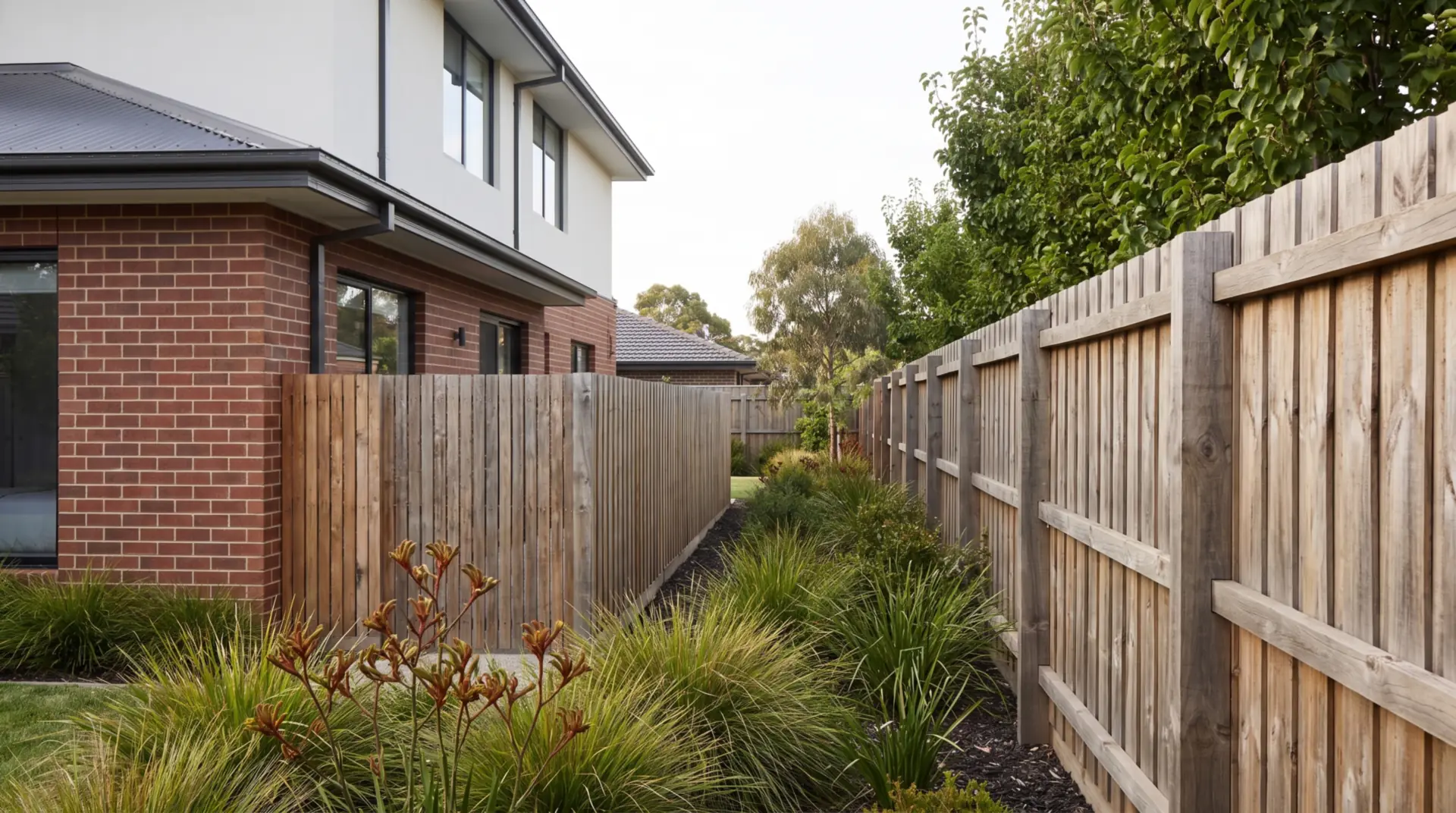 Illustration: a timber boundary fence beside a brick home, the kind of condition a dilapidation report records before works