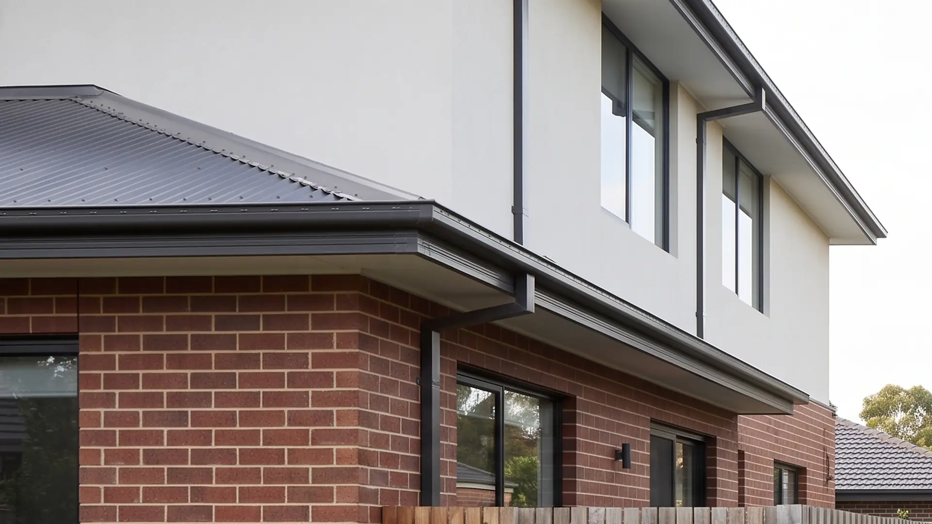 Illustration: the brick lower wall, render above and the eaves and gutter at one corner of the two-storey home