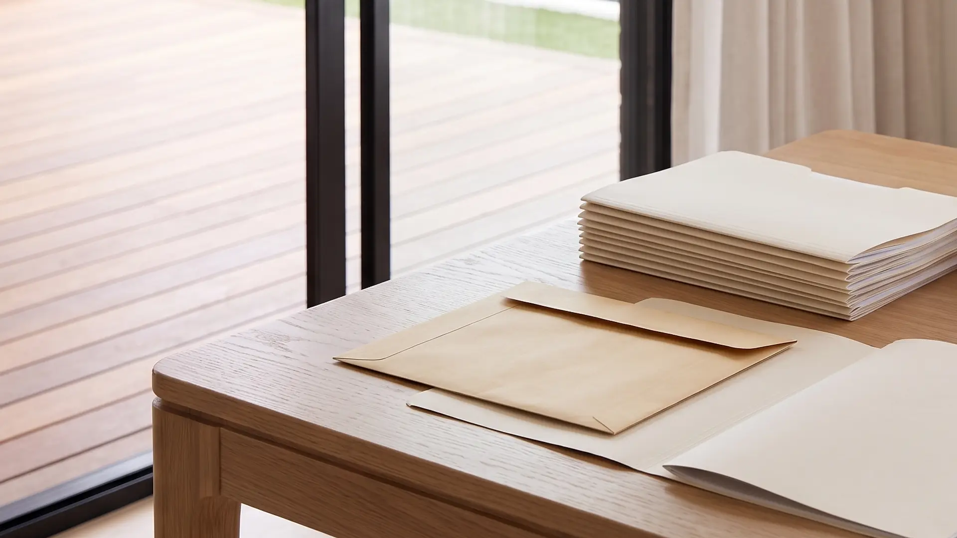 Illustration: blank folders and an envelope laid out on a dining table, the documents we help you gather and organise
