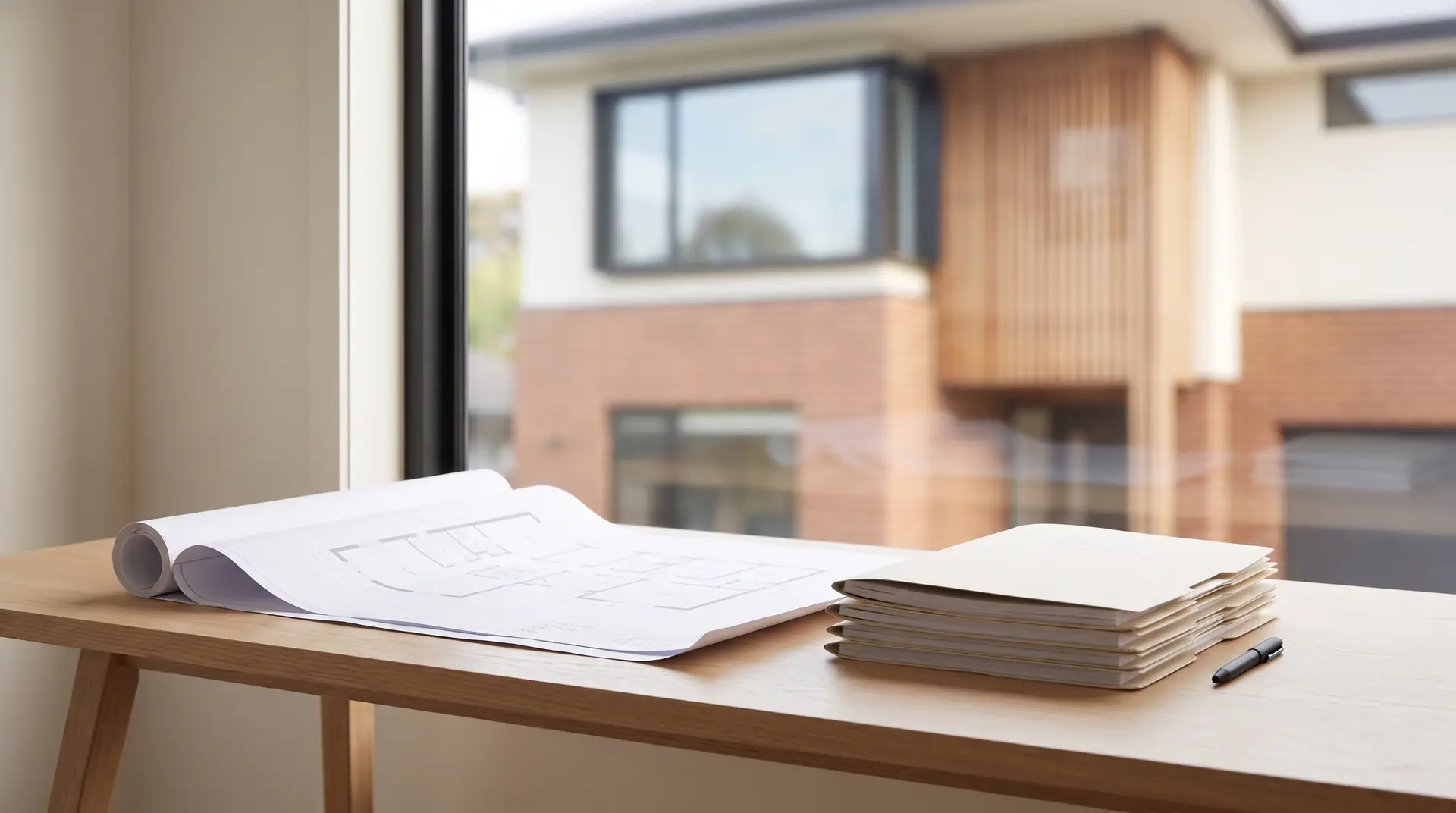 Illustration: a rolled plan, a stack of blank folders and a pen on an oak desk, the home outside the window