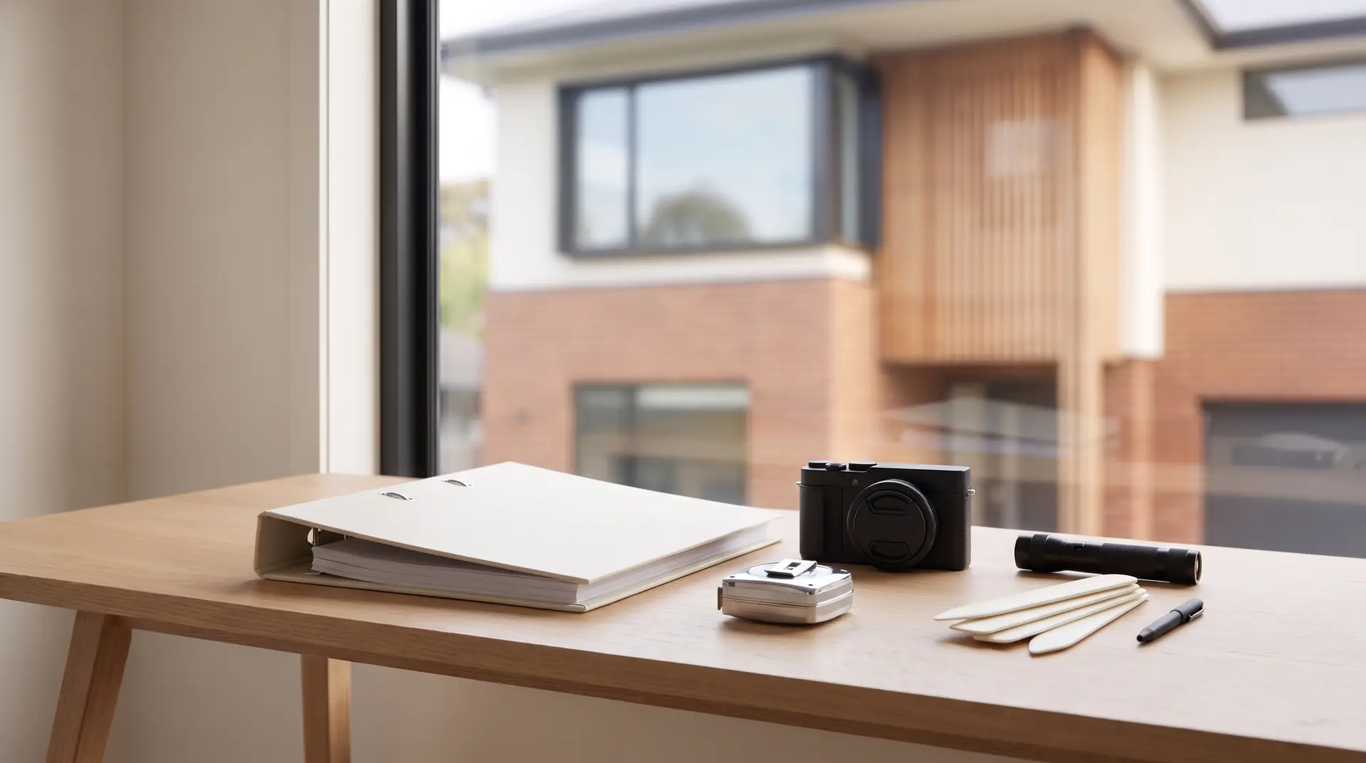 Illustration: a closed binder, camera and tape measure on a desk, the tools behind an expert witness report