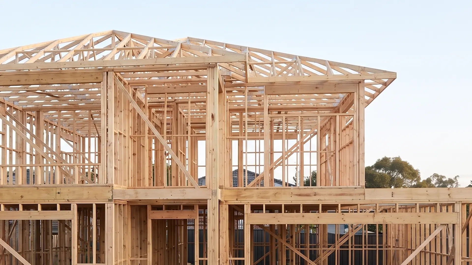 Illustration: timber wall frames, lintels and roof trusses of the home at frame stage, close up