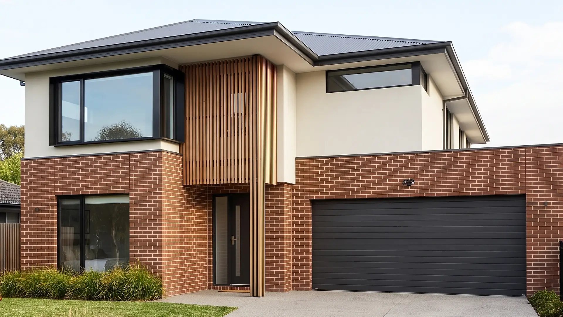Illustration: the front entry, timber batten screen and garage door of the brick and render home, straight on