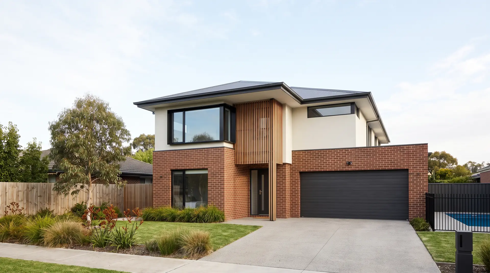 Illustration: a two-storey brick and render home in morning light, the one reference house drawn throughout this site