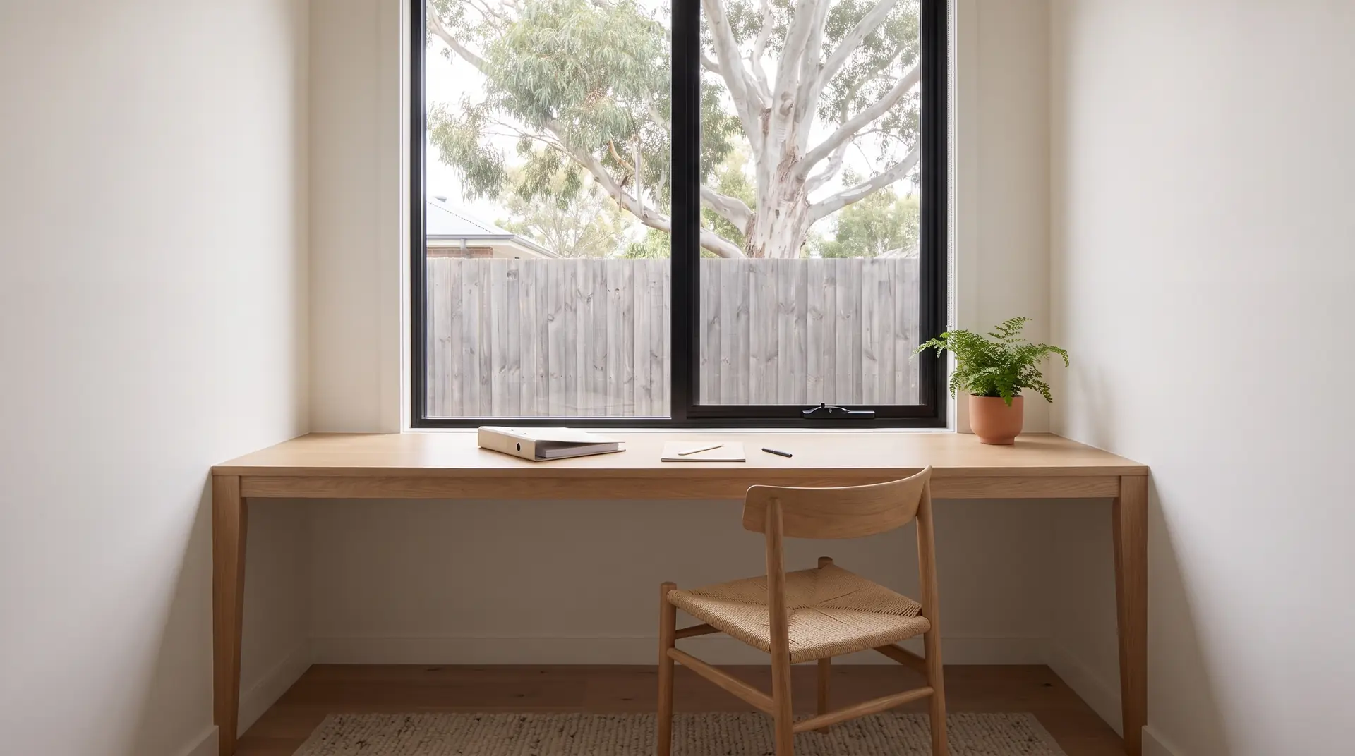 Illustration: a study nook with a binder and pen under a window, a quiet place to work through a licensing application