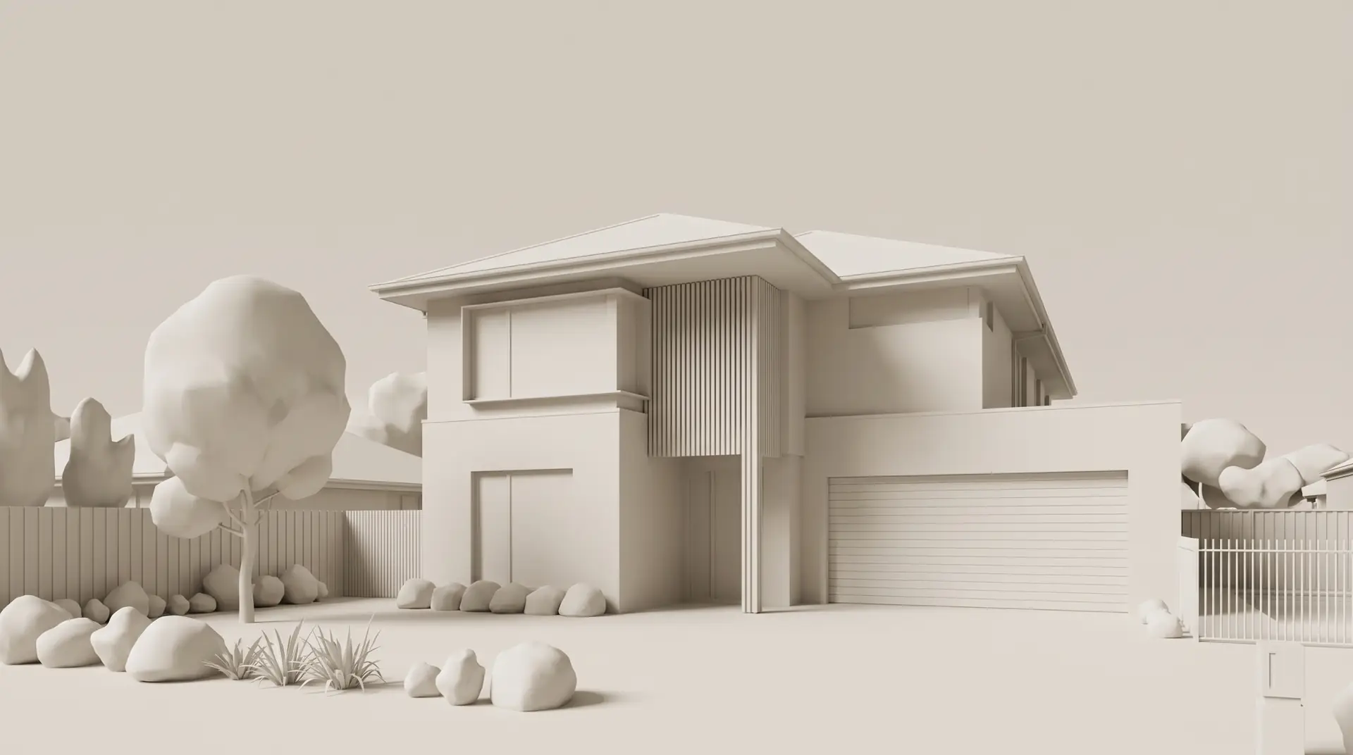 Illustration: the two-storey home as a pale clay massing model, roof, garage and garden simplified