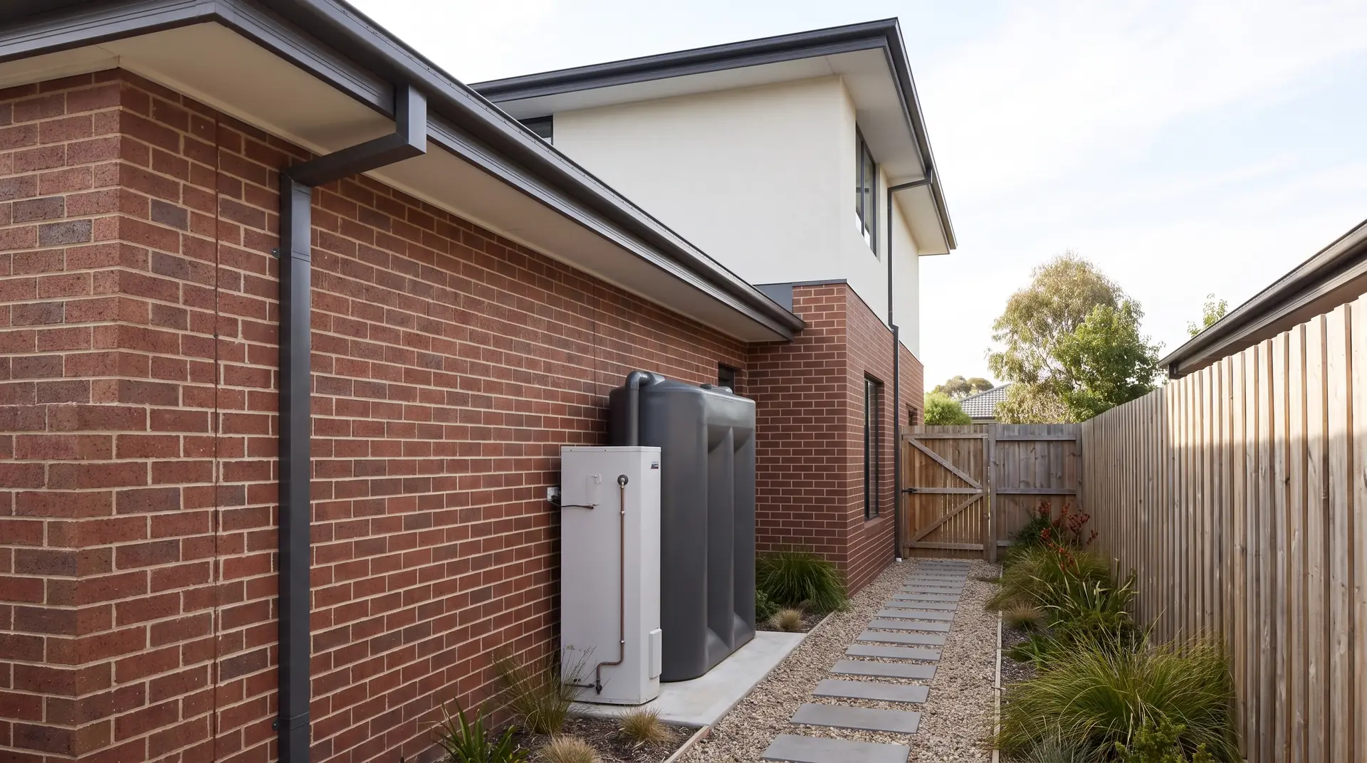 Illustration: the side path of a brick home with a rainwater tank and hot water unit, items other inspections can cover
