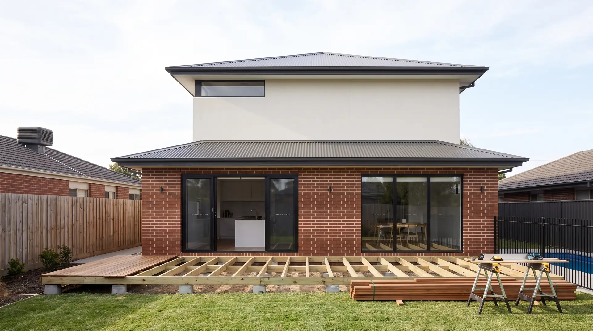 Illustration: a new timber deck being framed behind a brick home, the sort of owner-builder work we inspect
