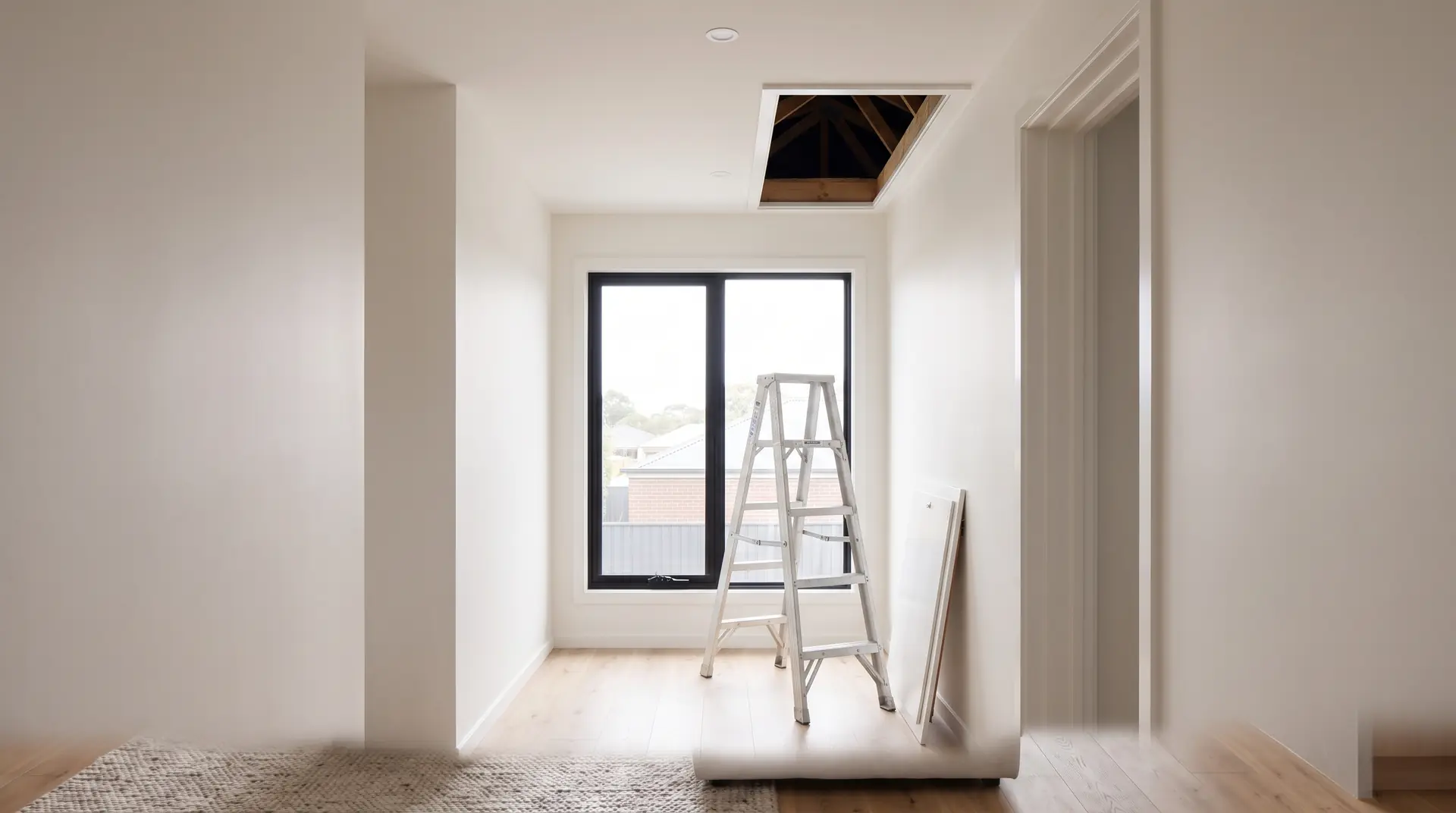 Illustration: an upstairs hall with the roof space hatch open and a ladder beneath, access a pre-purchase inspection uses
