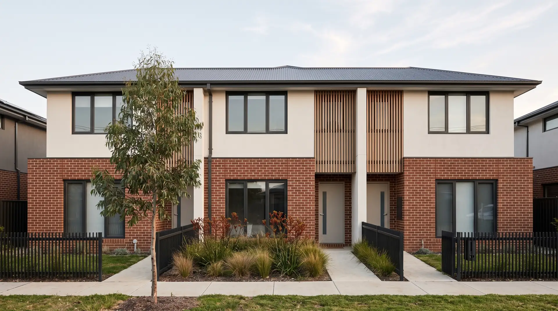 Illustration: attached two-storey townhouses with a shared front garden, the common property a strata report describes